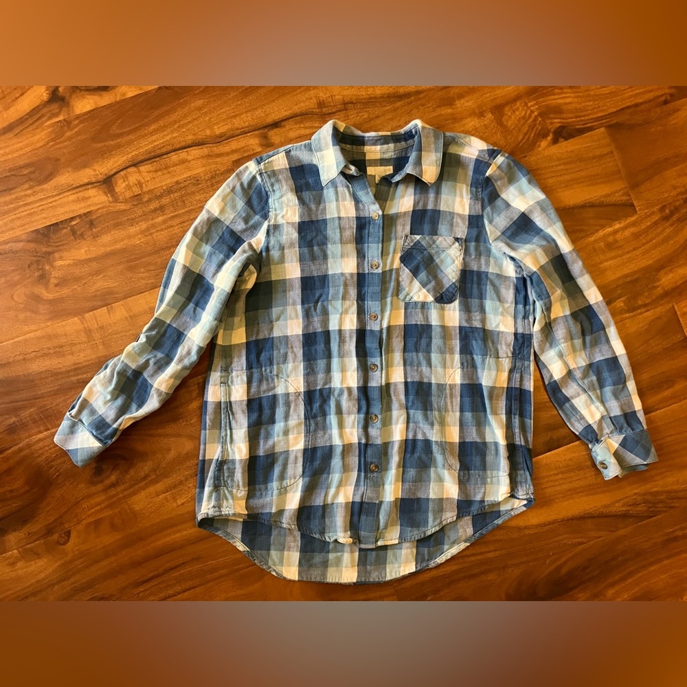J Jill blue gingham check plaid PS tunic shirt button down 100% cotton w/pockets